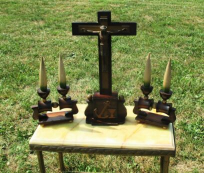 3 piece Ornate Altar Set Art Deco Wood Brass Crucifix Candlesticks Vintage