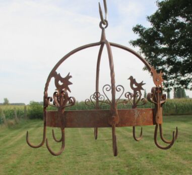 antique Hanging Butcher Rack Cast Wrought Iron 6 hooks BIrds French authentic