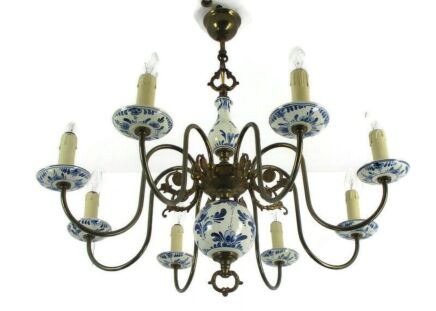 Dutch Delft Blue White Porcelain Ornate Brass Chandelier 8 Arm Lights Country