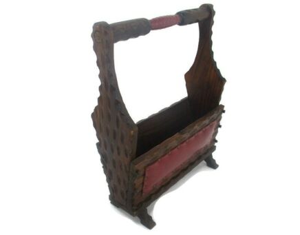 Vintage Spanish Wooden Magazine Newspaper Rack Holder Barn Country Style Faux Leather