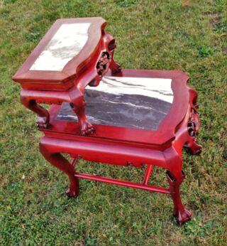 Chinese Two Tier Double Rosewood Side Table Marble Inset Suiseki Bonsai Gorgeous