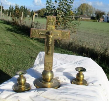 Ornate Brass Standing Crucifix Candle Holders Altar set Evangelists Symbols