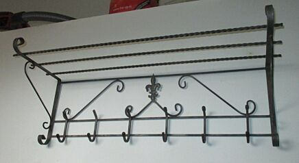 Antique Wrought Iron Coat Rack Wall Rack Hanger Hooks Shelf Vintage French fleur de lis