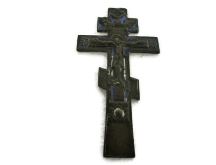 Antique Russian Orthodox Wall Blessing Crucifix Cross Brass Traveling Icon