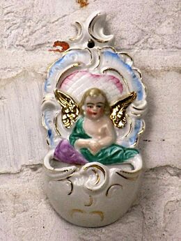 Porcelain Holy Water Font Vessel Beautiful Angel Germany Wall Hanging
