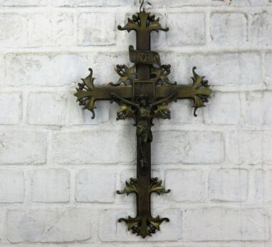 Large French Ornate Hanging Crucifix Cross Bronze Brass Jesus Christ 19.29"