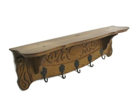 Small Carved Wood French Oak Coat Hat Rack Breughel Style Barn Country Farmhouse