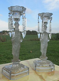 Antique Vallerysthal French Milkglass Couple Candlesticks Candle Holders Prisms