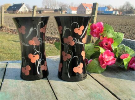 Couple Vintage Black Glass Vases Painted Brown Flowers