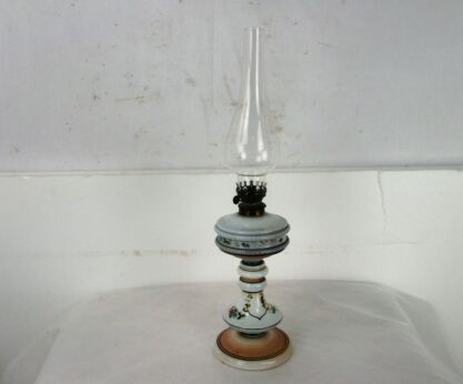 antique Opaline Table oil lamp Burner with Glass Chimney Hand Painted Flowers Lovely