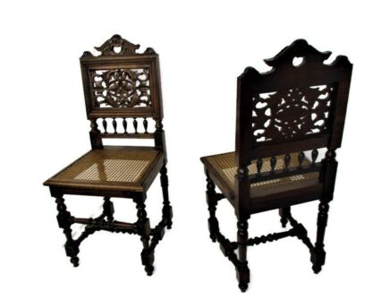 Couple Antique Bobbin Hand carved Ornate Wooden Parlour Chairs rush seating WOW