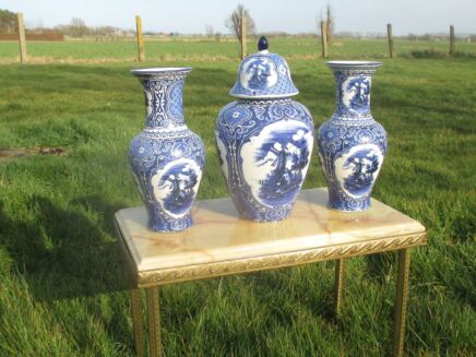 Vintage Delft Blue Pottery Garniture Set 2 Vases Matching Covered Urn Retro
