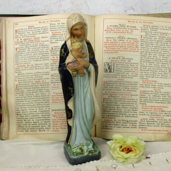 Statue Our Lady Madonna Virgin Mary Infant Jesus Plaster Polychrome Neo Gothic