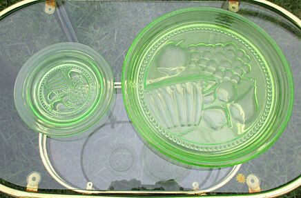 Vintage Green Uranium Glass Serving Plate Tray Dessert Plate Grapes Handblown