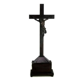 Antique Decorative Standing Crucifix Wood Inlay Copper Corpus Jesus Christ