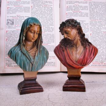 two busts Statue Jesus Christ Virgin Mary Mother Polychrome Resin