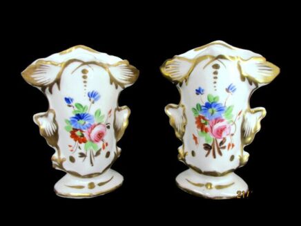 Lovely couple mini Antique French Vieux Paris Porcelain Fan Flair Bridal Vases 4.33"