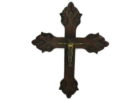 Art Deco Bauhaus hanging Wall Crucifix Wood Brass Corpus Modernist Jesus Christ 21.65"