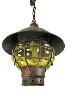 Vintage Amber Brown Glass Light Bubbled Caged Glass Pendant Shade Lantern