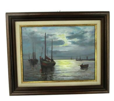 Lovely Oil Painting Framed Sailing Boats Signed R. Klein Expressionism