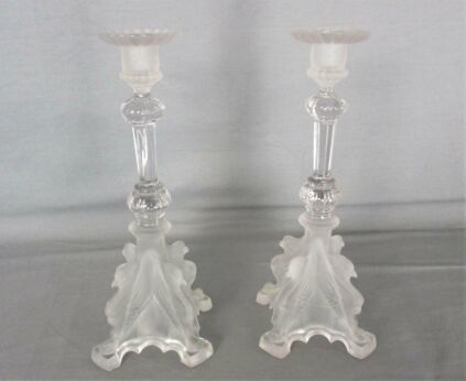 Couple Pair of Glass Candle Holders Prisms Birds Eagles Gorgeous Rare Art Glass Vintage