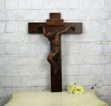 Large Ornate Hand Carved Wood Hanging Crucifix Dramatic Corpus Jesus Nasarenus