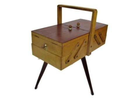 Small Danish Modern Wooden Sewing Box Basket Stand Teak Tripod Accordion HTF era Eames