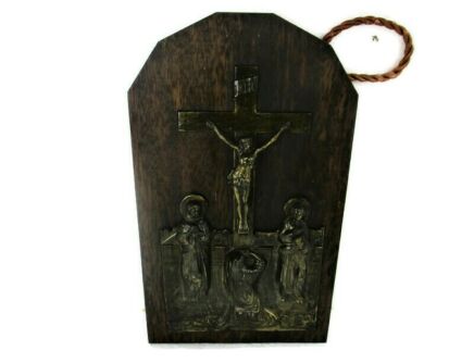 Vintage  Brass Plaque trim Crucifixion Golgotha Calvary Wood Plaque