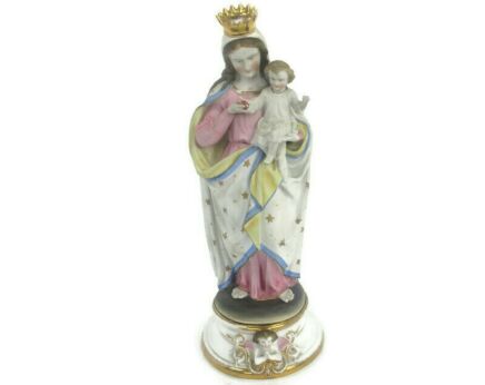 Antique Porcelain Bisque Statue Virgin Mary Our Lady Madonna Infant Holy Heart Exquisite  14.56"