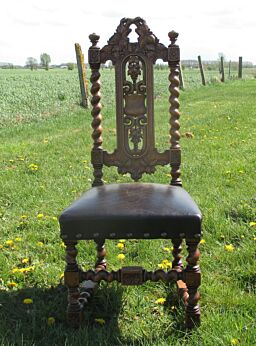 Antique Barley Twist Handcarved Wooden Leather Parlour Chair Gothic Style