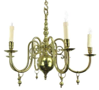 Lovely Brass Chandelier 6 Lights Arms with Gold Toned Bells Hollywood regency