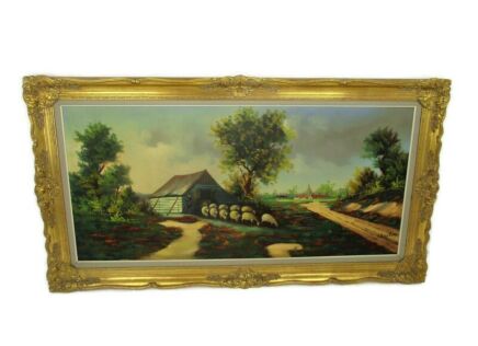 XL Oil Painting Ornate Wood Plaster Frame Sheep Shepherd Gorgeous Frame Signed Boutin