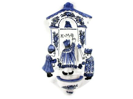Holy Water Font Vessel hand Painted Ceramic Wall Hanging Italy Spain? Adoration Magi K.M.B. Blue White