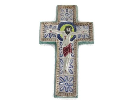 Mid Century Modern Ceramic Crucifix Marked Sars la Buissiere Beautiful