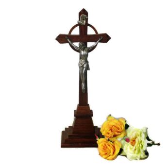 Small Standing Crucifix Oak Spelter Corpus Jesus christ Cross Decorative 12.99"