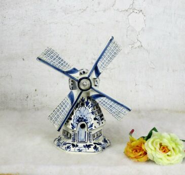 Dutch Windmill Delft Blue White Miniature Figurine Statue Marked Vintage 9.84"