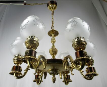 Gorgeous Chandelier 6 Light Glass Shades Lion Heads Pineapple era Maison Jansen