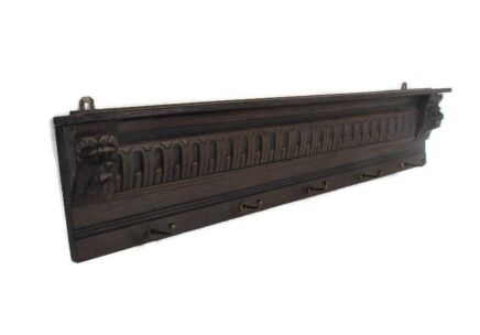 Antique Ornate Hand Carved Wood Oak Coat Kitchen hat Rack Lion Heads Gothic
