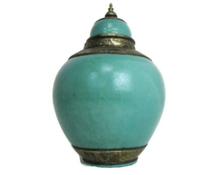 Oriental Vase Urn Turquoise Silverplated brass Lid Trims Large Gorgeous Antique