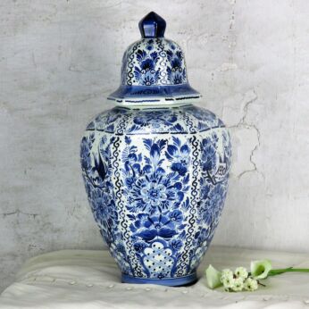 Large Delft Hand Painted Vase Urn Lidded Marked Blue White Dutch Birds 20.86"