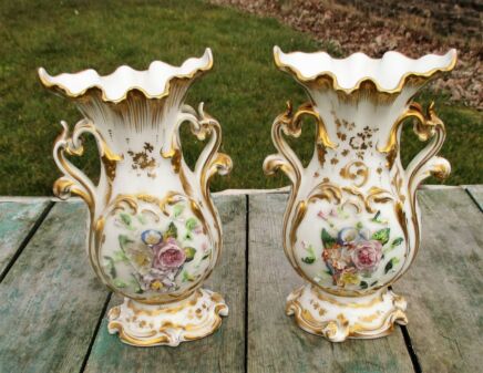 Couple Antique Vieux Paris Porcelain Fan Flair Bridal Vases Flower Bouquet