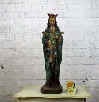 Antique Polychrome Madonna Infant Child Statue Church Plaster Collector 25.98"