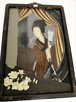 Vintage Chinese Reverse Glass Painting Scroll Lady Fan
