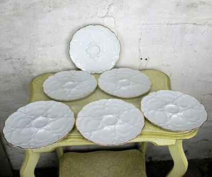Set of 6 Oyster Plates Porcelain White with Gold Rim Germany Hutchenreuther