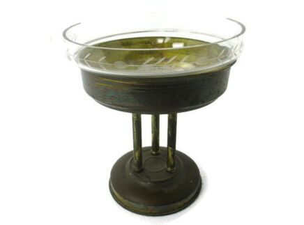 Vintage  Brass Communion dish Bowl Centerpiece Ciborium Tray Etched Glass Catholic Church
