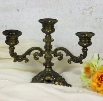 Small Vintage Italian Brass Triple 3 arm Ornate Candle Holder Candelabra