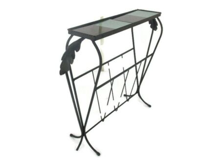 Vintage Mid Century Modern Magazine Newspaper Basket Rack Side Table Ceramic Tiles  Wrought Iron retro Funky