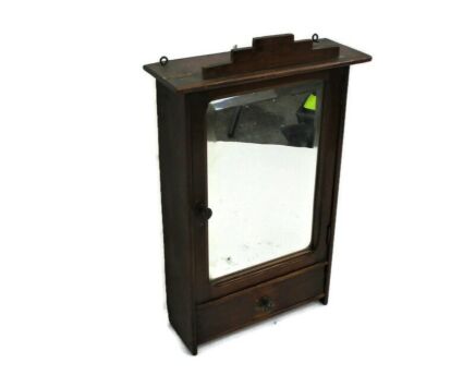 Vintage Hand Carved Wood Kitchen Apothecary Wall Cabinet Beveled Glass mirror
