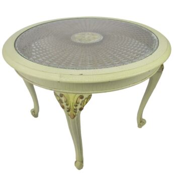 French Provincial Round Side Display Coffee Table White Crackelé Glass Rush Top