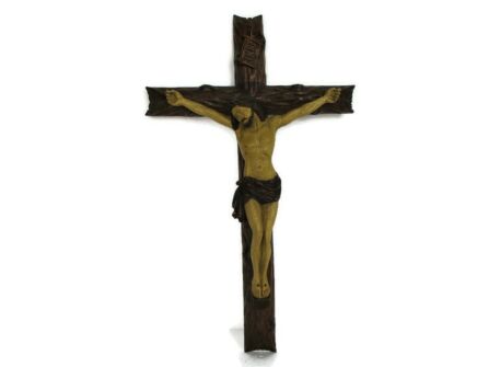 Hanging Crucifix Cross Corpus Christi Jesus Christ Hand Carved ornate Wood gorgeous Corpus Chapel 20.47"